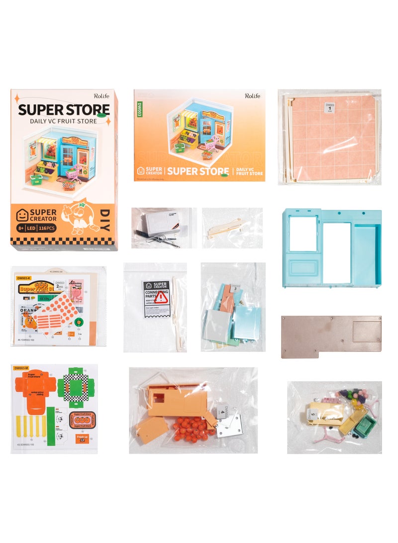 Rolife Super Creator Super Fruit Store Plastic DIY Miniature House Kit DW003,DIY 3D Puzzles for Adults/Teens, Unique Gift for Craft Hobby and Creative Home Decor