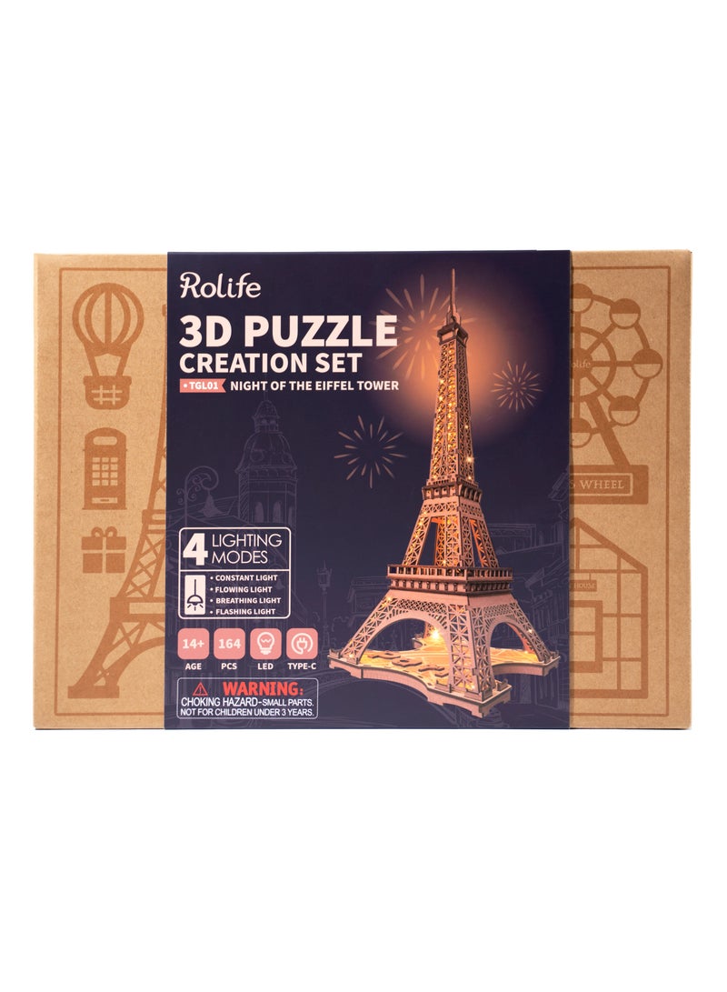 Rolife Night of the Eiffel Tower 3D Wooden Puzzle TGL01, Assembly Brain Teaser 3D Wooden Puzzle DIY Build Model Crafts Kits, Unique Gifts and Home Decor for Teens or Adults