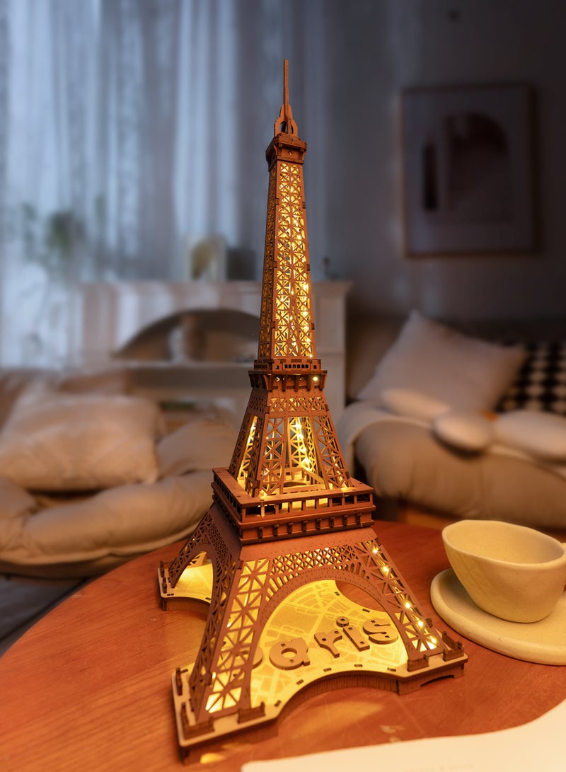 Rolife Night of the Eiffel Tower 3D Wooden Puzzle TGL01, Assembly Brain Teaser 3D Wooden Puzzle DIY Build Model Crafts Kits, Unique Gifts and Home Decor for Teens or Adults