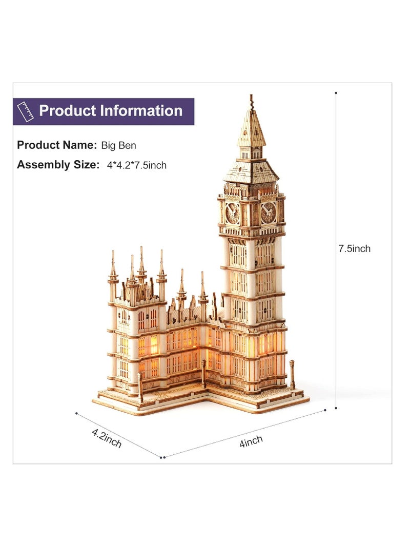 Rolife Big Ben With Lights TG507, 3D Wooden Puzzles for Adults/Teens, Creative Home Decor, Unique Gift for Craft Hobby Adults/Teens