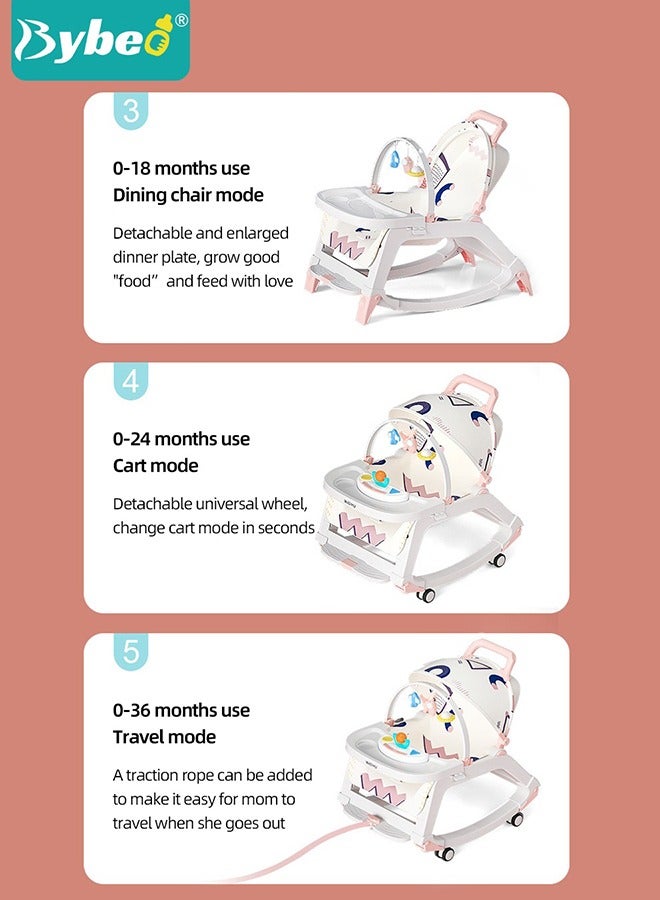 5 in 1 Multifunctional Baby Rocking Chair, Babies Rocker and Booster Seat, Dining Chair for Kids, Toddler Stroller With Sunshade Shed, Music and Hanging Toys