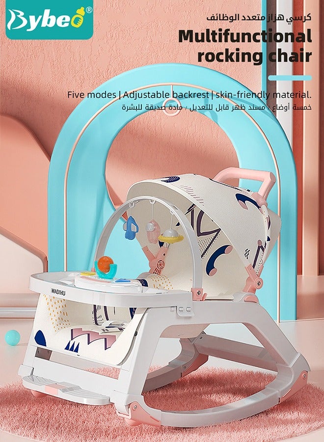 5 in 1 Multifunctional Baby Rocking Chair, Babies Rocker and Booster Seat, Dining Chair for Kids, Toddler Stroller With Sunshade Shed, Music and Hanging Toys