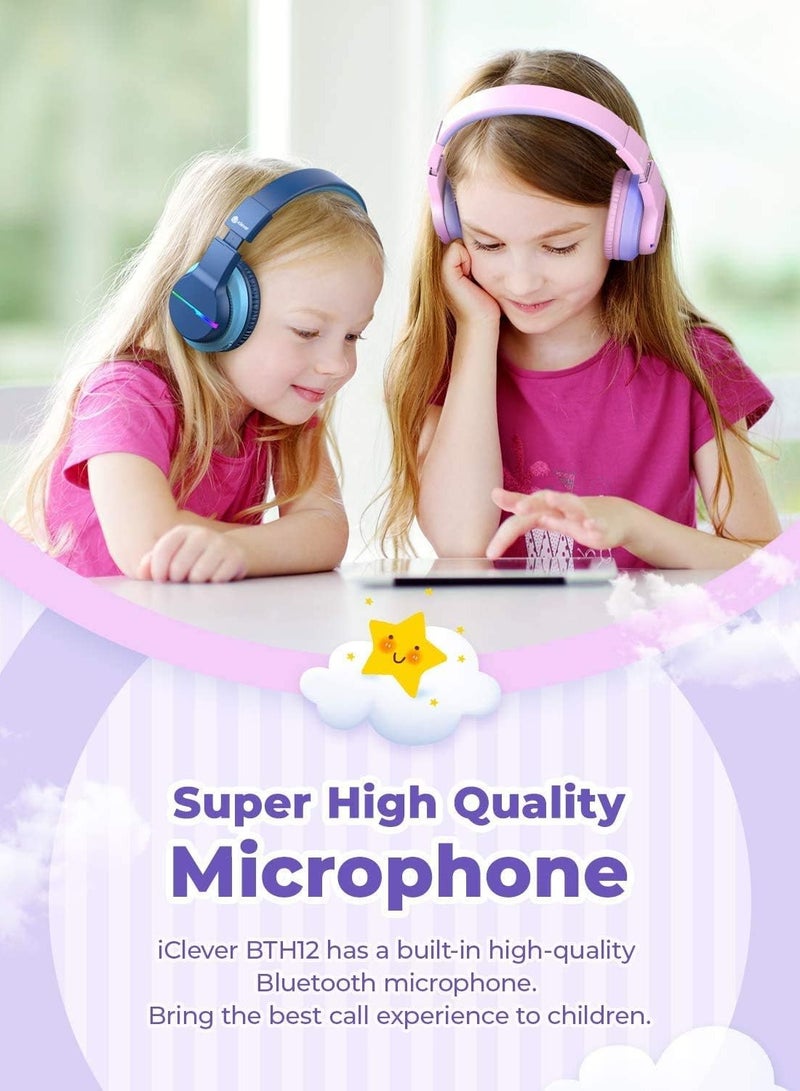 Bluetooth Kids Headphones, BTH12 Colorful LED Lights Kids Wireless Headphones Over Ear with 74/85/94dB Volume Limited, 55H Playtime, Bluetooth 5.2, Built-in Mic for School/Tablet/PC