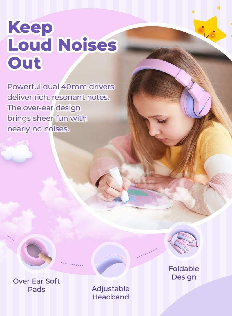 Bluetooth Kids Headphones, BTH12 Colorful LED Lights Kids Wireless Headphones Over Ear with 74/85/94dB Volume Limited, 55H Playtime, Bluetooth 5.2, Built-in Mic for School/Tablet/PC