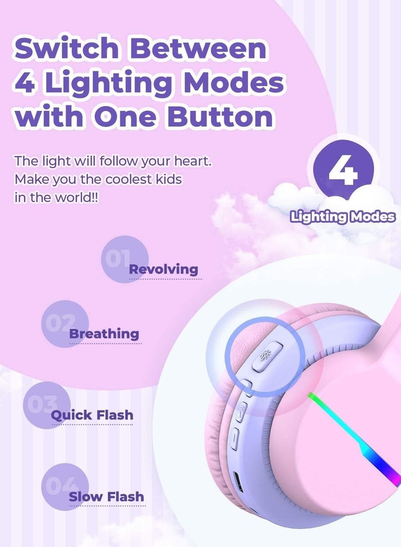 Bluetooth Kids Headphones, BTH12 Colorful LED Lights Kids Wireless Headphones Over Ear with 74/85/94dB Volume Limited, 55H Playtime, Bluetooth 5.2, Built-in Mic for School/Tablet/PC