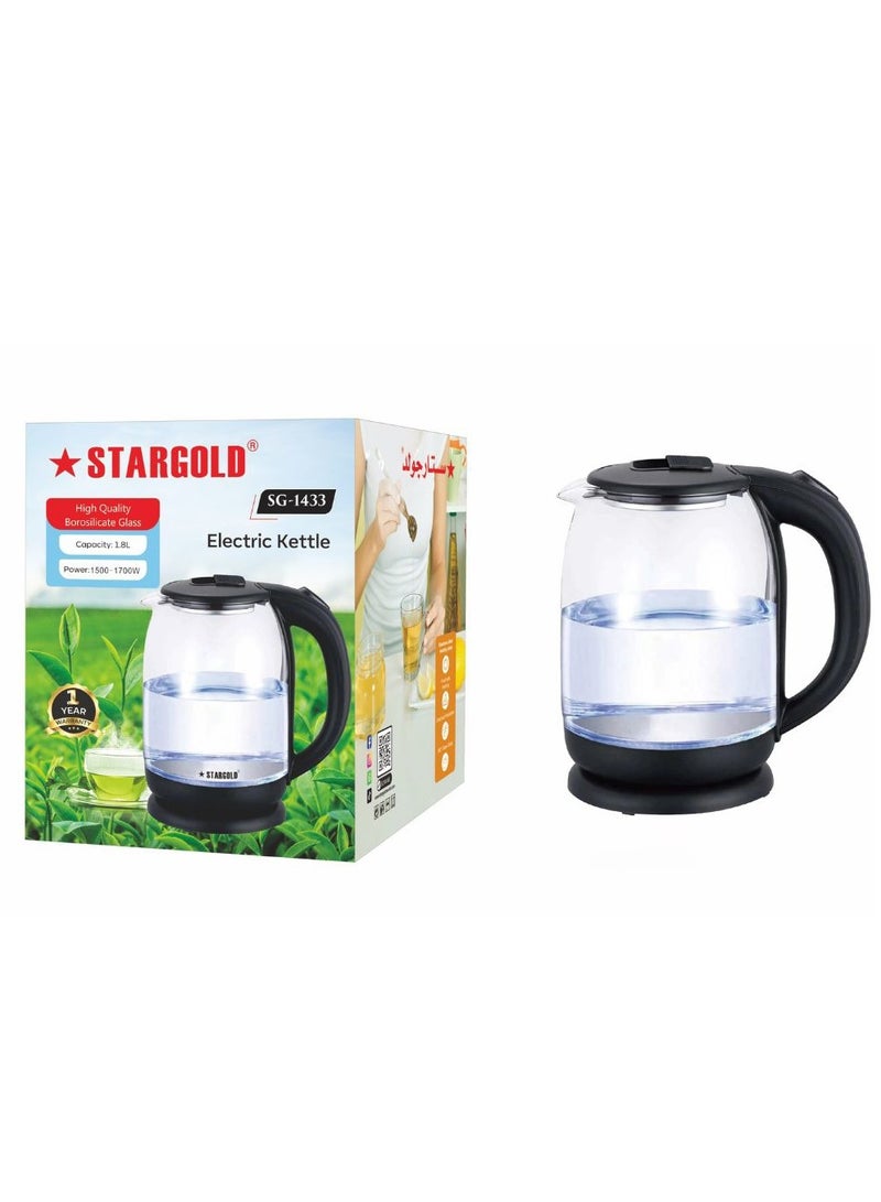 Electric Glass Kettle 1.8 Liter With Automatic Turn-Off 1700W High Grade 304 Stainless Steel