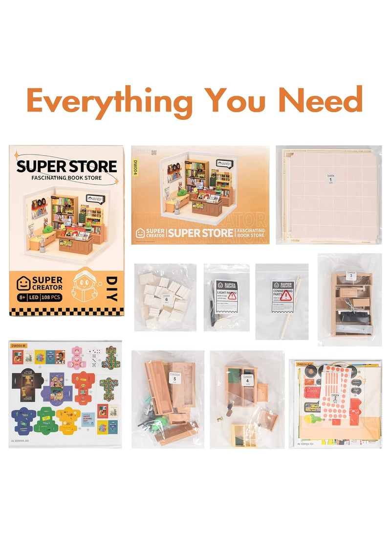 Rolife Super Creator Fascinating Book Store Plastic DIY Miniature House Kit DW004, DIY 3D Puzzles for Adults/Teens, Unique Gift for Craft Hobby and Creative Home Decor