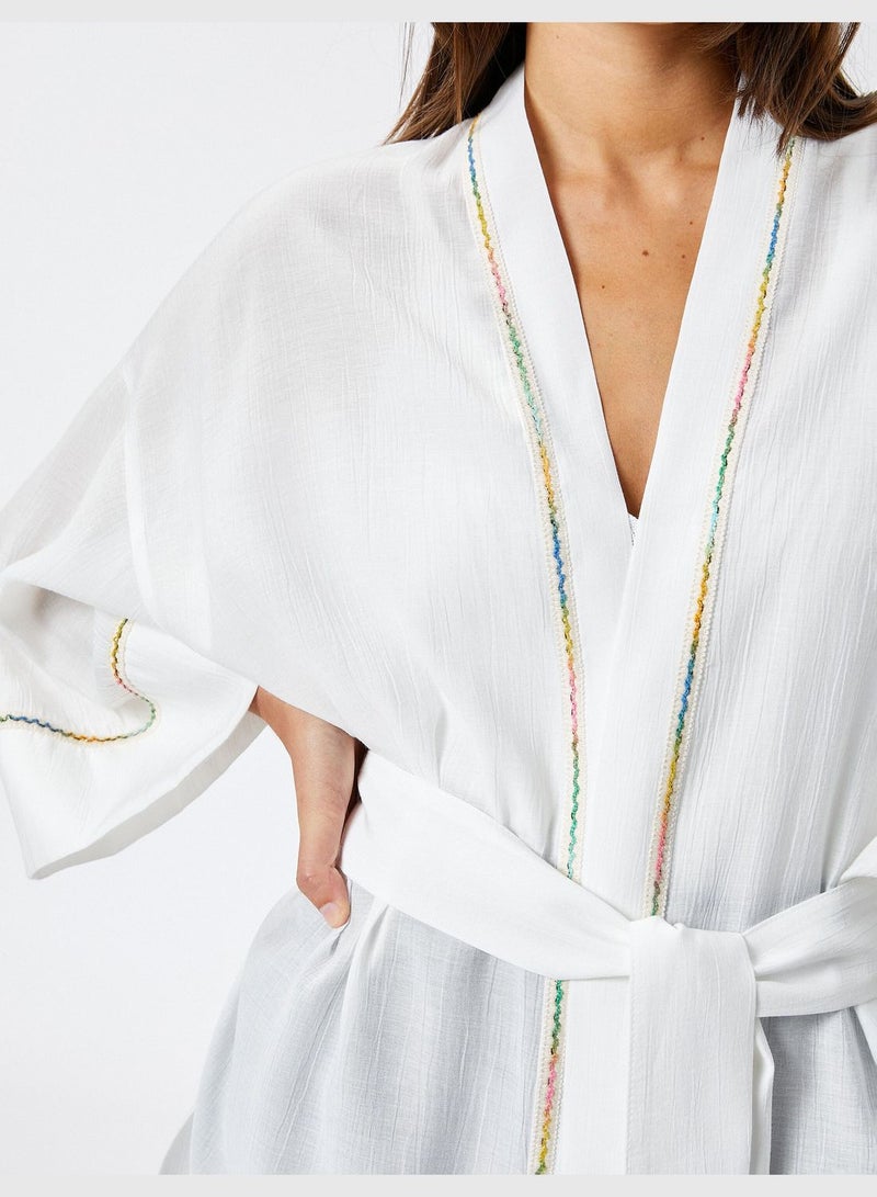 Relax Fit Belted Embroidered Kimono