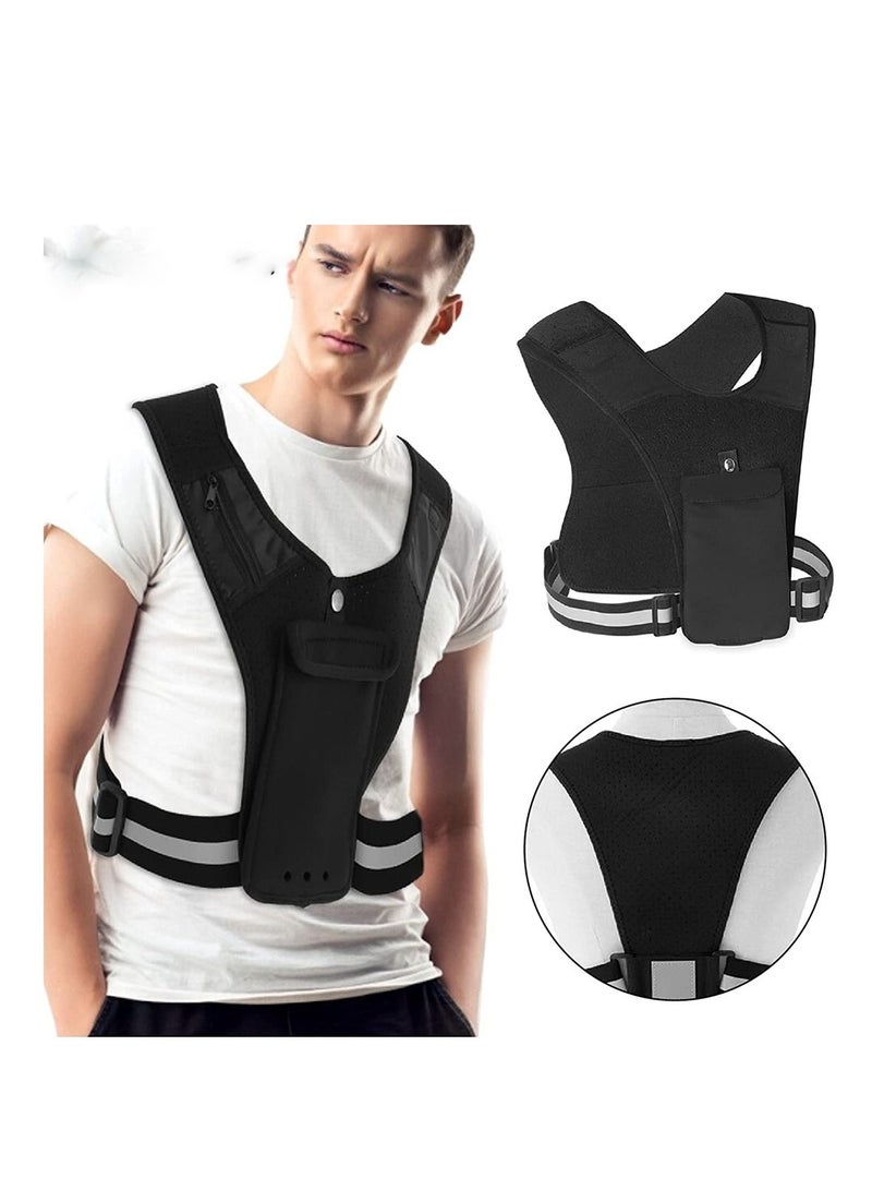 Running Vest Phone Holder, Adjustable Waistband Reflective Training Workout Gear with Pocket, Hands Free Breathable Sports Vest for Phone Holder for Cycling Walking