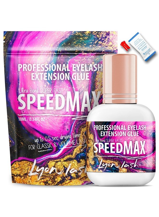 Lyon Lash SPEEDMAX Eyelash Extension Glue | 0.3-1.3 Sec Dry Time | Up to 8 Weeks Retention | Black Adhesive Supplies for Professional Use | (10ml/0.34 fl. Oz)