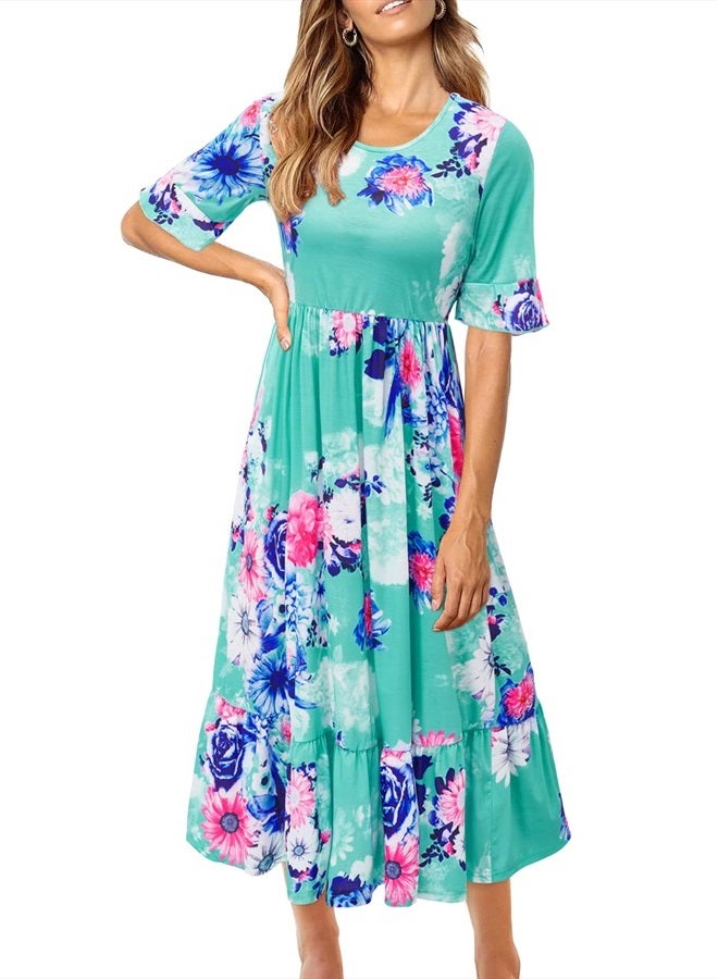 Womens Summer Floral Midi Dresses Casual Hide Belly Fat Hawaiian Spring Ruffle Short Sleeve with Pockets 2023(Floral-O,XL)
