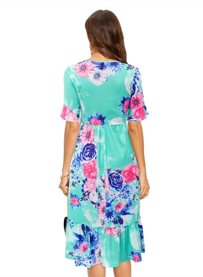 Womens Summer Floral Midi Dresses Casual Hide Belly Fat Hawaiian Spring Ruffle Short Sleeve with Pockets 2023(Floral-O,XL)