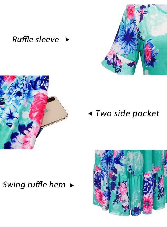 Womens Summer Floral Midi Dresses Casual Hide Belly Fat Hawaiian Spring Ruffle Short Sleeve with Pockets 2023(Floral-O,XL)