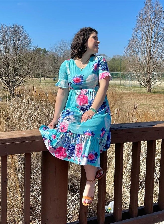 Womens Summer Floral Midi Dresses Casual Hide Belly Fat Hawaiian Spring Ruffle Short Sleeve with Pockets 2023(Floral-O,S)