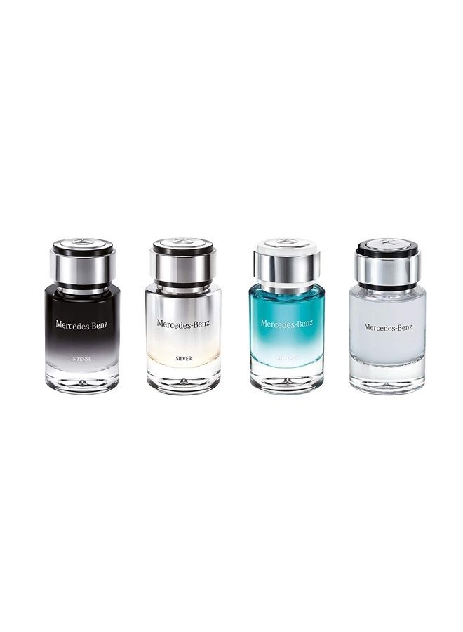 Mercedes Benz Mini Gift Set - Curated Eau De Toilette Collection - Experience A Sophisticated Range Of Elegant Fragrances - Includes For Men, Silver, Intense And Cologne Scents - 4 Pc