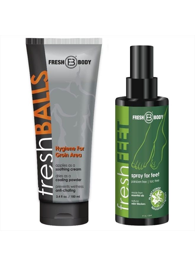 Bundle: Fresh Balls Soothing Anti-Chafing Cream for Men 3.4oz, Fresh Feet Odor Fighting Spray with Essential Oils 4oz