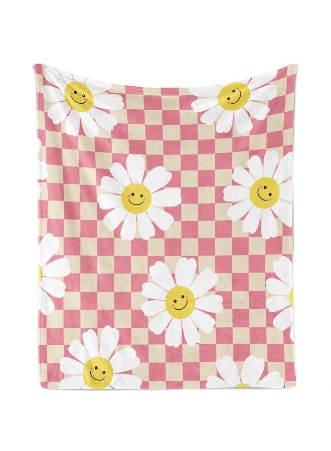 Daisy Throw Blankets for Girls, Soft Cozy Plush Flannel Fleece Throw Blanket Gifts for with Checkerboard Grid Pattern for Teens, Fuzzy Daisy Flowers Throw ​Blankets for Couch Bed Sofa, 50
