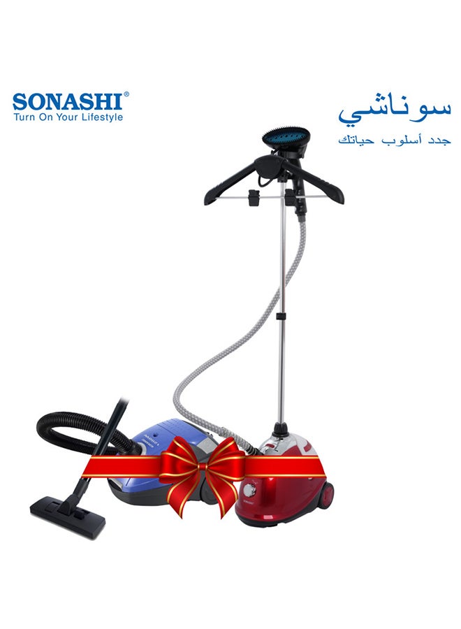 Free Standing Garment Steamer With Suction Canister Vacuum Cleaner 1.8 L 1800 W SGS-311 + SVC-9024 Red/Blue