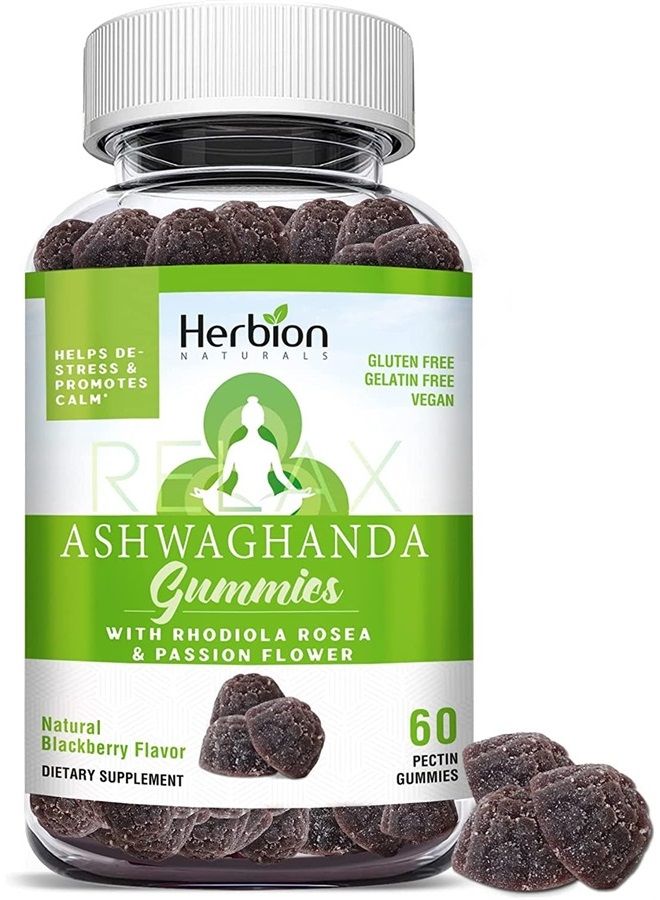 Ashwagandha Gummies with Herbal Blend, Helps De-Stress & Promote Calm*, Natural BlackBerry Flavor, Gluten-Free, 60 Pectin Gummies, Vegan, Made in USA