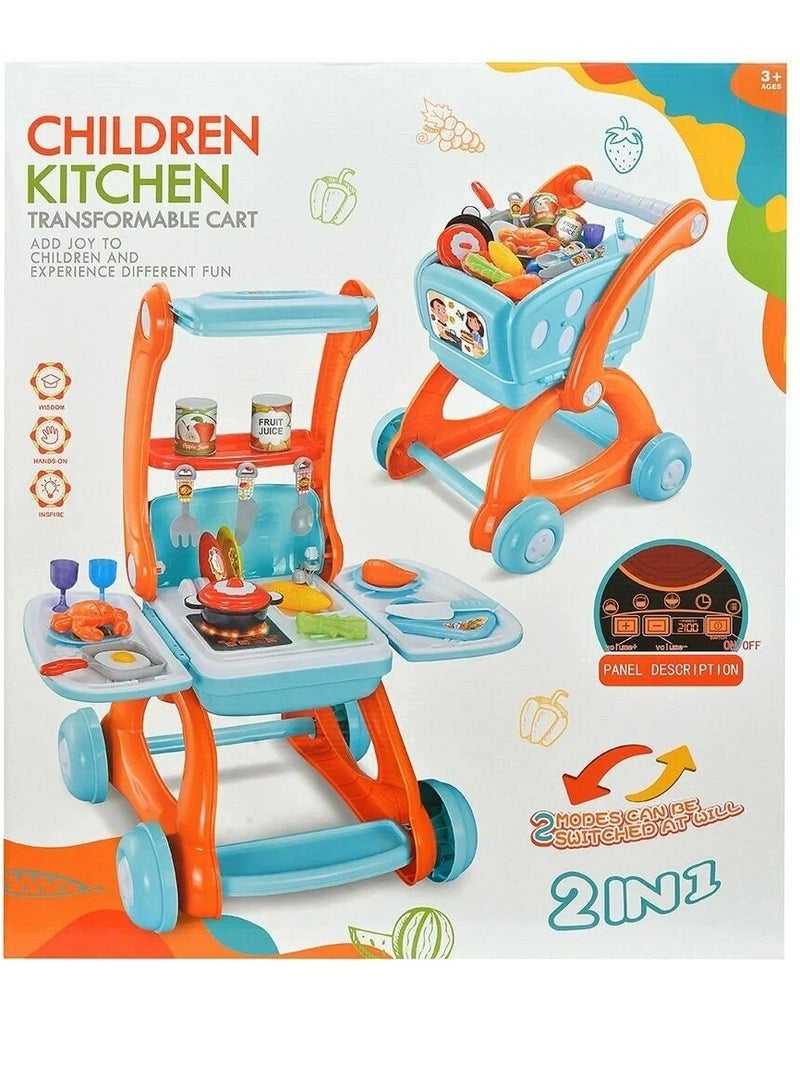 2 in 1 Pretend Play Kitchen Set/Kids Shopping Cart Trolley Playset with Realistic Lights & Sounds, Play Food, Utensils, Cooking Stoves, Great Kitchen Toy Gift for Toddler Boys Grils (Blue)