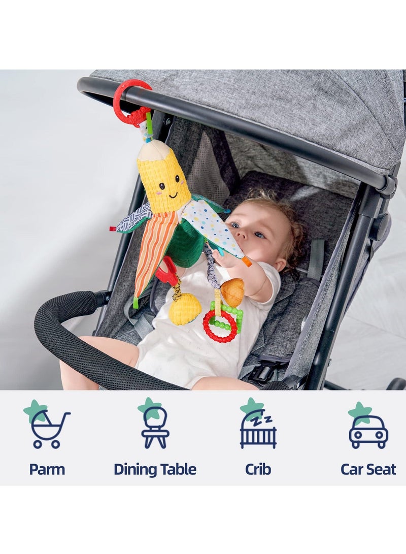 Baby Stroller Toy, Hanging Rattle Toy for Babies Soft Plush with Teether Boys Girls (Corn)