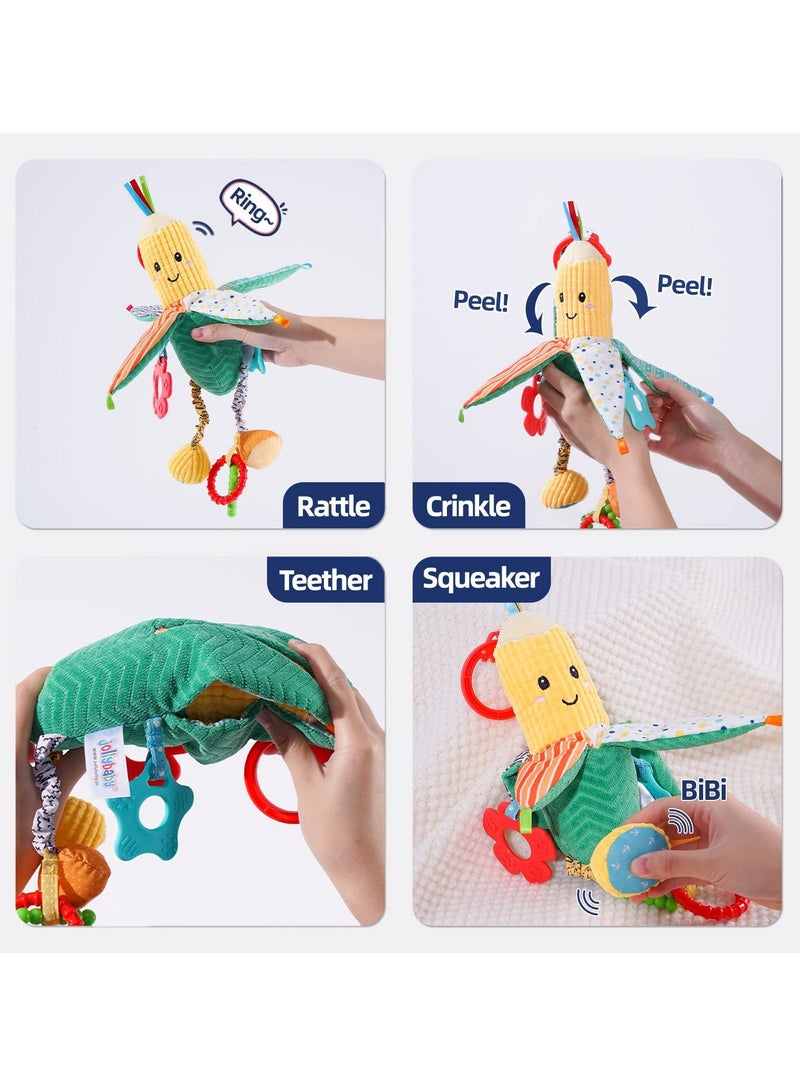 Baby Stroller Toy, Hanging Rattle Toy for Babies Soft Plush with Teether Boys Girls (Corn)