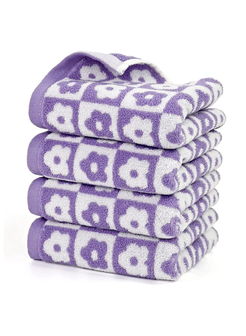 SYOSI Cotton Face Towels, Set of 4 Checkered Floral Bathroom Hand Soft Lilac Flower Towels for Everyday Use, 29” x 13”, Purple
