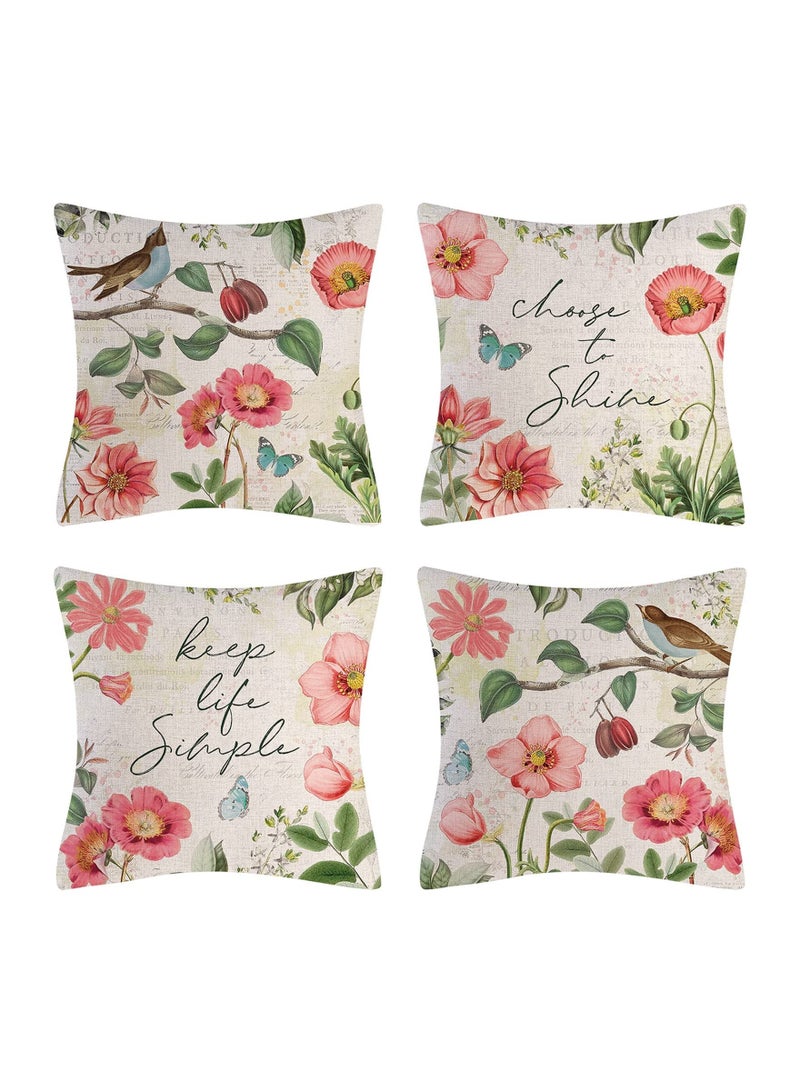 Throw Pillow Covers, Set of 4 Spring Flower Covers Linen Decorative Cases for Sofa Couch Living Room Outdoor (45 * 45 cm, Pink Flower)