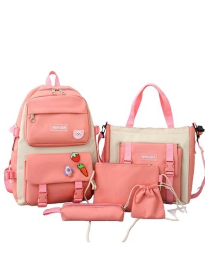 Kids Cute Backpack Set for School, 5Pcs Kwaii School Bag Large-capacity, Girls Boys Back to School Book Bag Backpack Pink