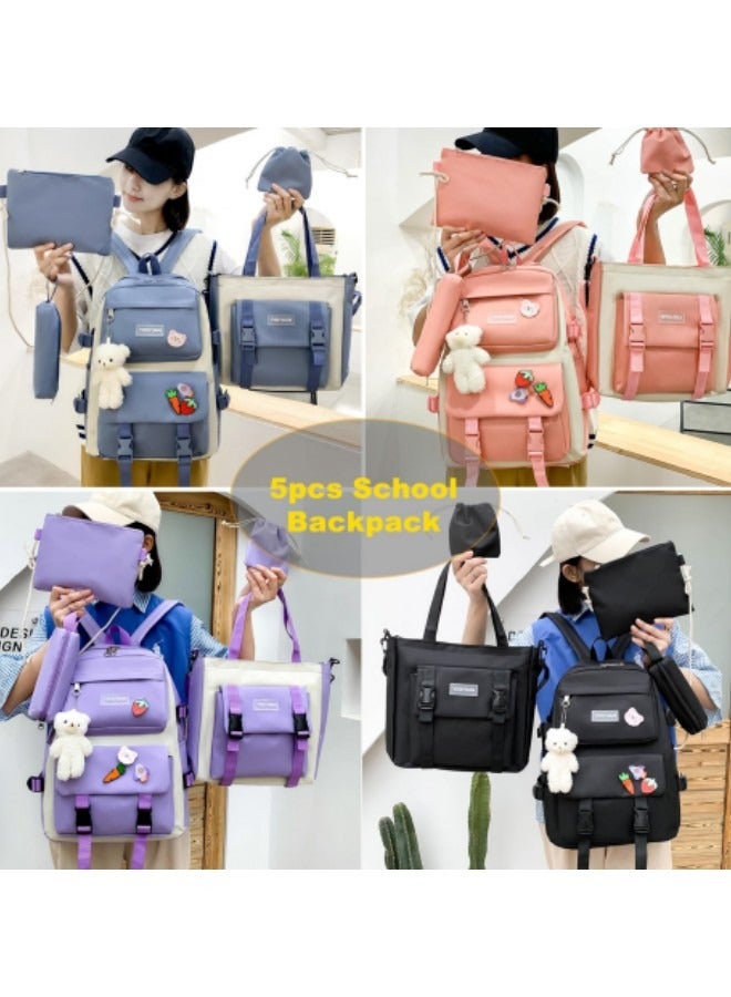 Kids Cute Backpack Set for School, 5Pcs Kwaii School Bag Large-capacity, Girls Boys Back to School Book Bag Backpack Blue