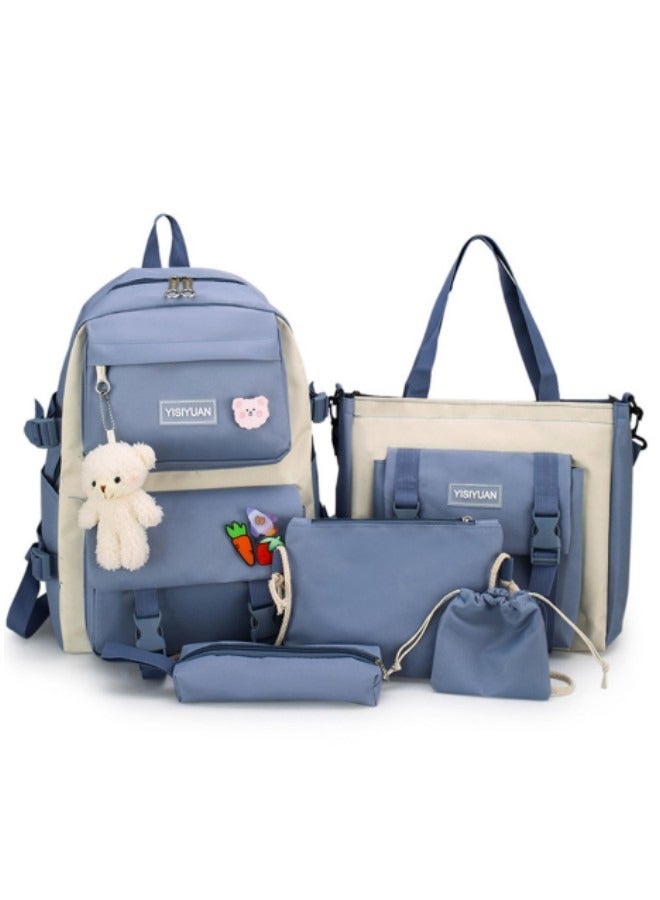 Kids Cute Backpack Set for School, 5Pcs Kwaii School Bag Large-capacity, Girls Boys Back to School Book Bag Backpack Blue