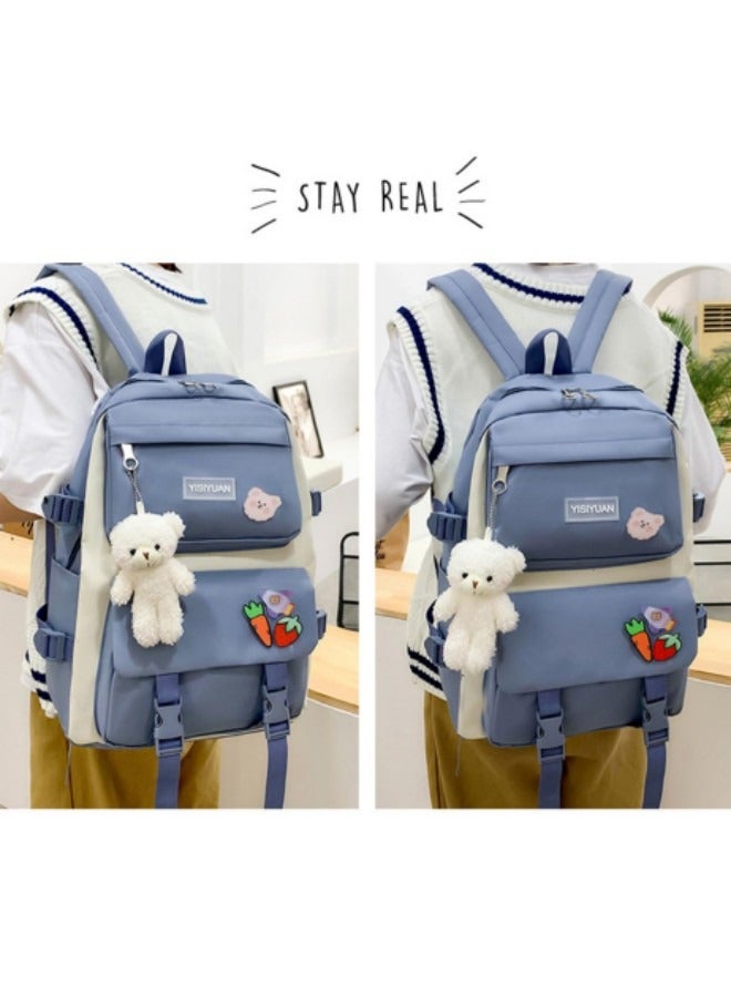 Kids Cute Backpack Set for School, 5Pcs Kwaii School Bag Large-capacity, Girls Boys Back to School Book Bag Backpack Blue
