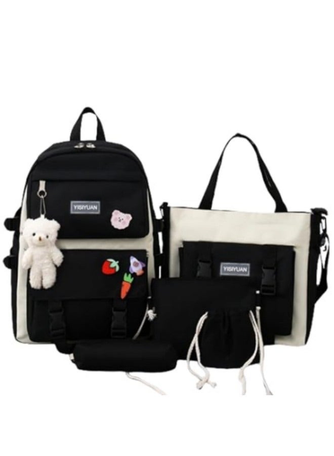 Kids Cute Backpack Set for School, 5Pcs Kwaii School Bag Large-capacity, Girls Boys Back to School Book Bag Backpack Black