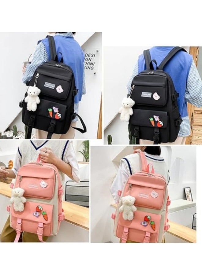 Kids Cute Backpack Set for School, 5Pcs Kwaii School Bag Large-capacity, Girls Boys Back to School Book Bag Backpack Black