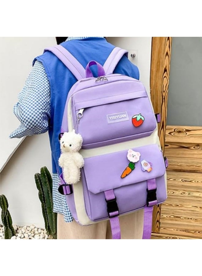 Kids Cute Backpack Set for School, 5Pcs Kwaii School Bag Large-capacity, Girls Boys Back to School Book Bag Backpack Purple