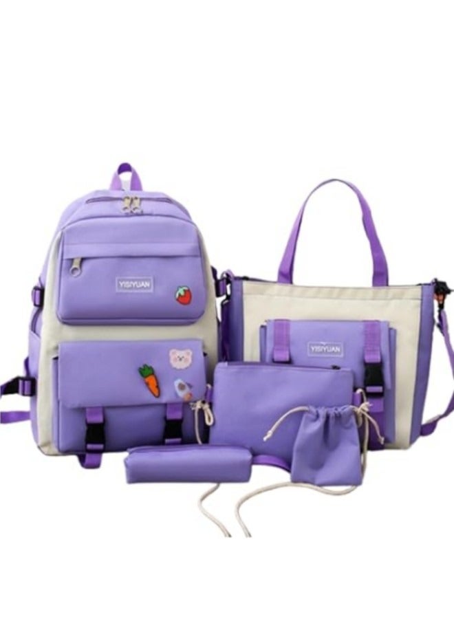 Kids Cute Backpack Set for School, 5Pcs Kwaii School Bag Large-capacity, Girls Boys Back to School Book Bag Backpack Purple