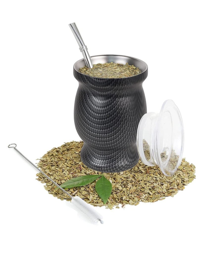 Yerba Mate Tea Cup 230ml Black Grid Stainless Steel Double Walled Easy Wash Household Insulation Gourds for Loose Leaf Drinking Includes Bombilla Straw and Cleaning Brush