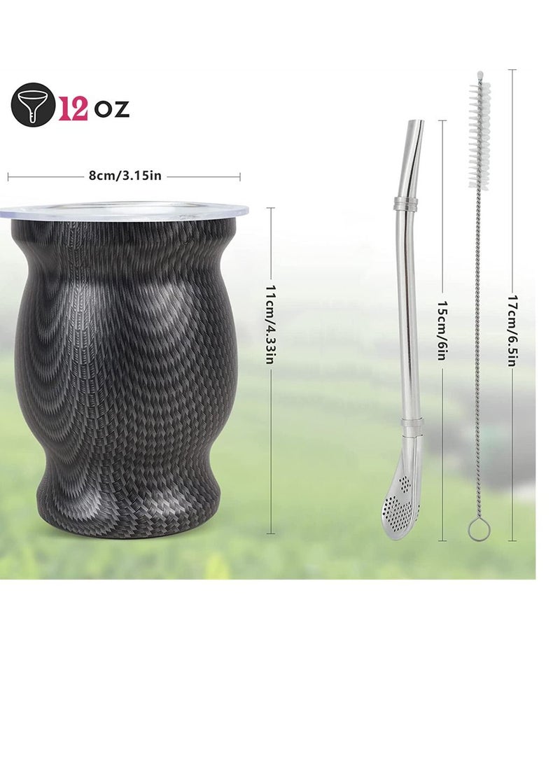 Yerba Mate Tea Cup 230ml Black Grid Stainless Steel Double Walled Easy Wash Household Insulation Gourds for Loose Leaf Drinking Includes Bombilla Straw and Cleaning Brush
