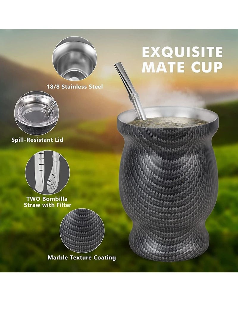 Yerba Mate Tea Cup 230ml Black Grid Stainless Steel Double Walled Easy Wash Household Insulation Gourds for Loose Leaf Drinking Includes Bombilla Straw and Cleaning Brush