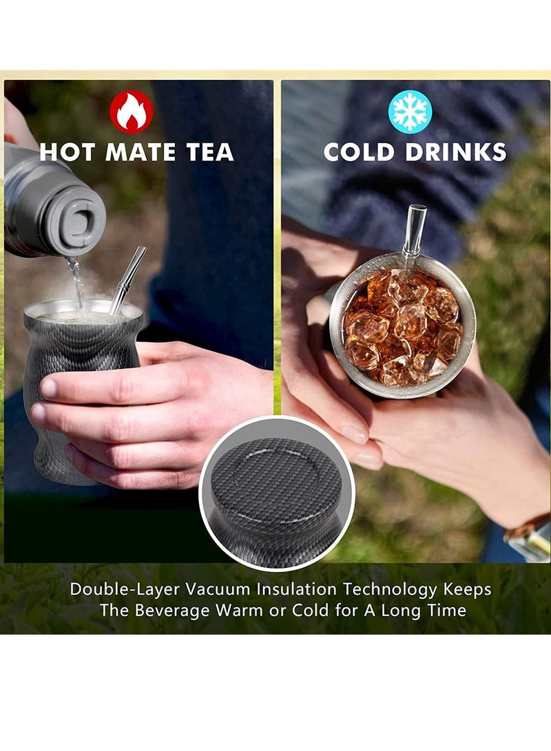 Yerba Mate Tea Cup 230ml Black Grid Stainless Steel Double Walled Easy Wash Household Insulation Gourds for Loose Leaf Drinking Includes Bombilla Straw and Cleaning Brush