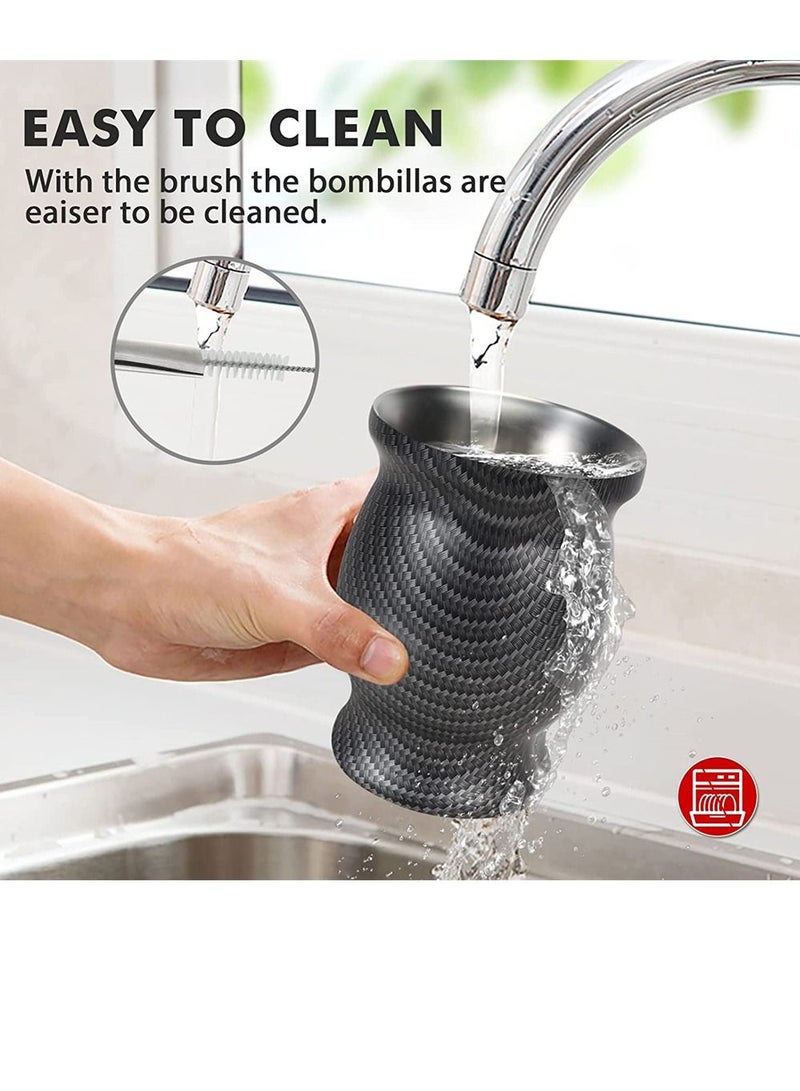 Yerba Mate Tea Cup 230ml Black Grid Stainless Steel Double Walled Easy Wash Household Insulation Gourds for Loose Leaf Drinking Includes Bombilla Straw and Cleaning Brush