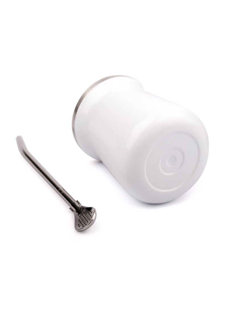 Yerba Mate Cup Stainless Steel And Bombilla Set 8oz Gourd Double Walled Tea With Straw (White)