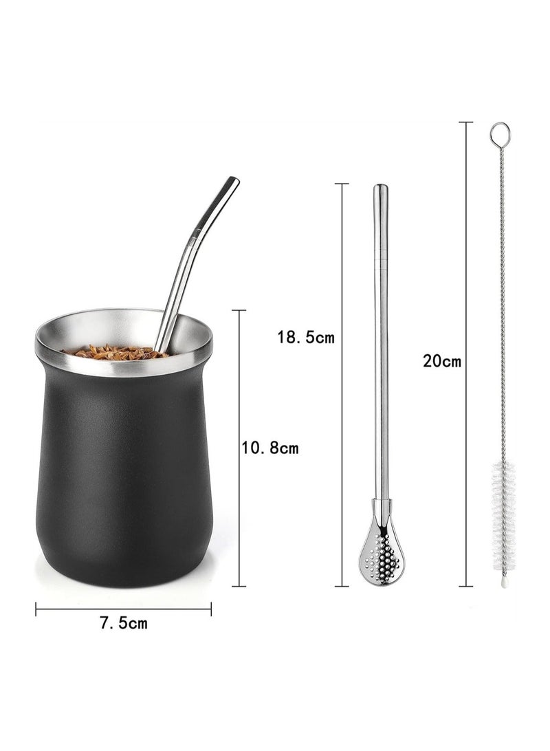 Yerba Mate Cup Stainless Steel And Bombilla Set 8oz Gourd Double Walled Tea With Straw Black Include Cleaning Brush