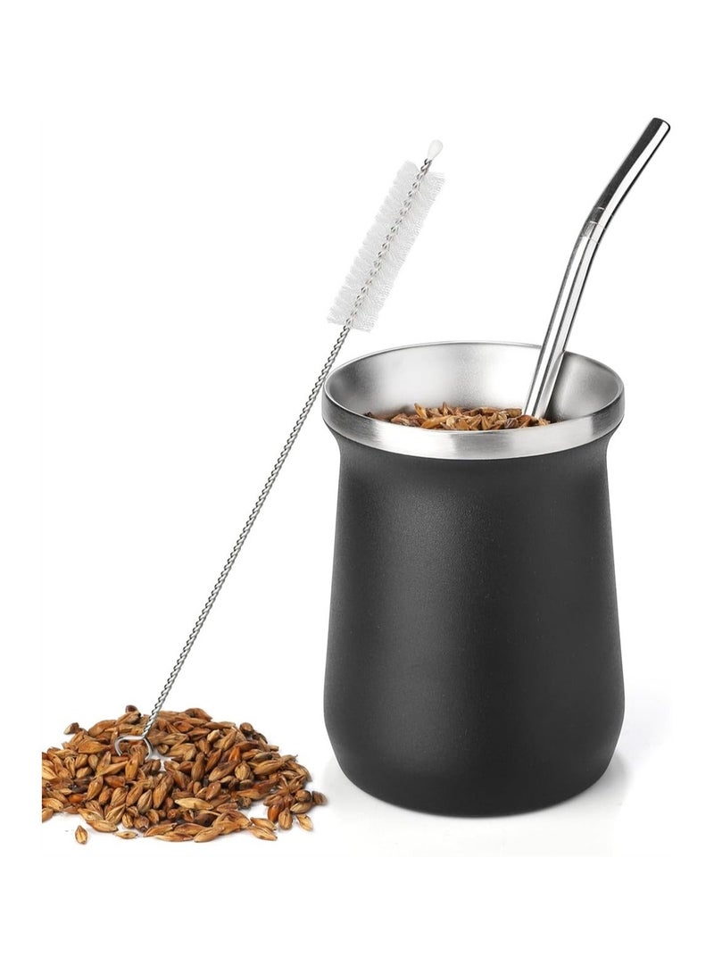 Yerba Mate Cup Stainless Steel And Bombilla Set 8oz Gourd Double Walled Tea With Straw Black Include Cleaning Brush