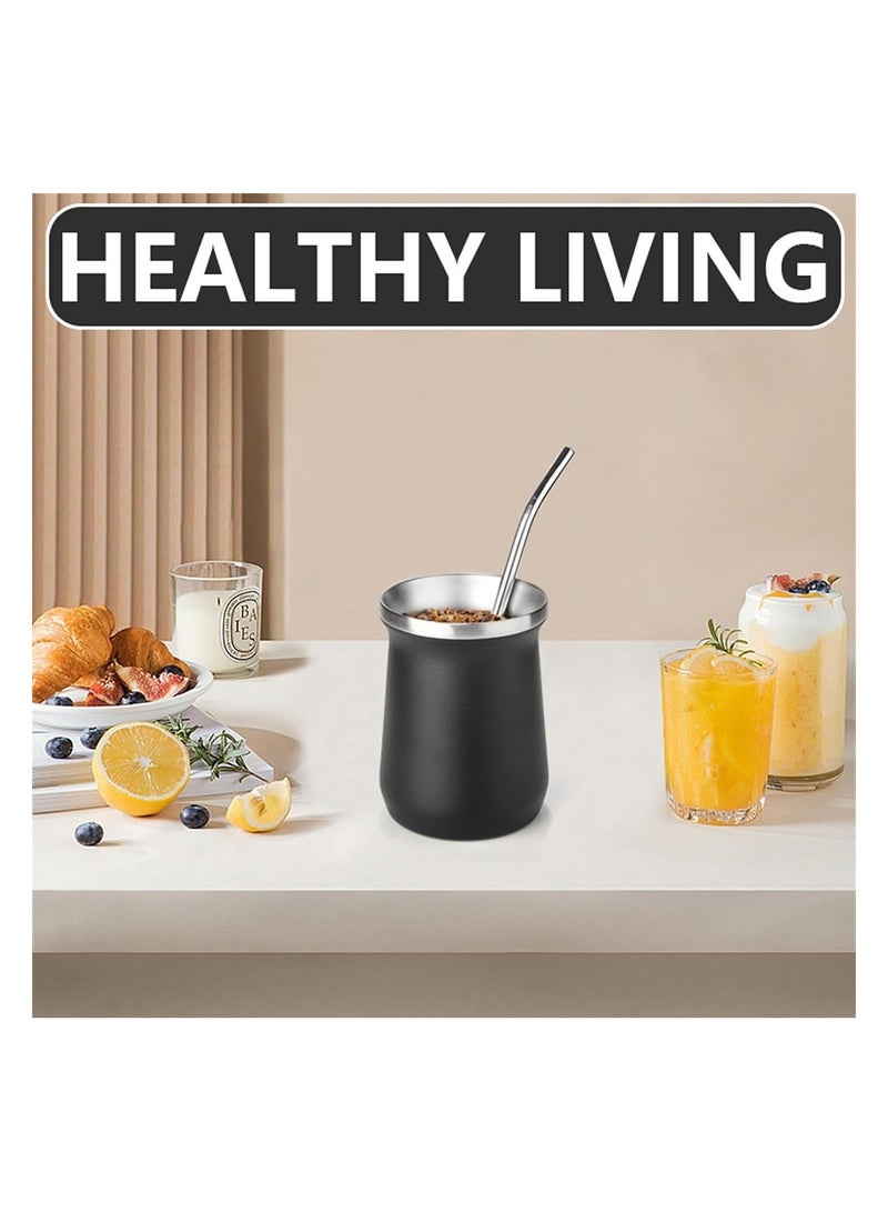 Yerba Mate Cup Stainless Steel And Bombilla Set 8oz Gourd Double Walled Tea With Straw Black Include Cleaning Brush