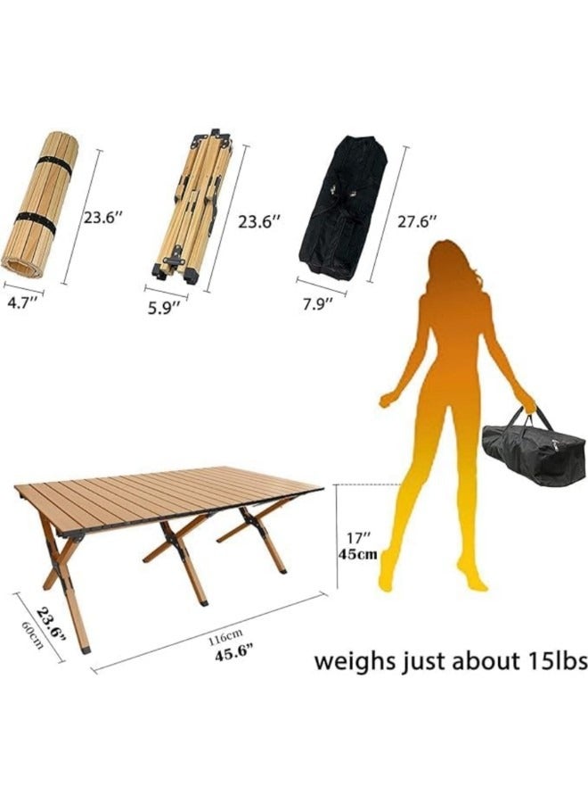 Portable Roll Up Picnic Table with Carry Bag,Folding Camping Tables,Carbon Steel Frame & Wooden Table,Serve for 4-6 Person, 23 * 45 inch