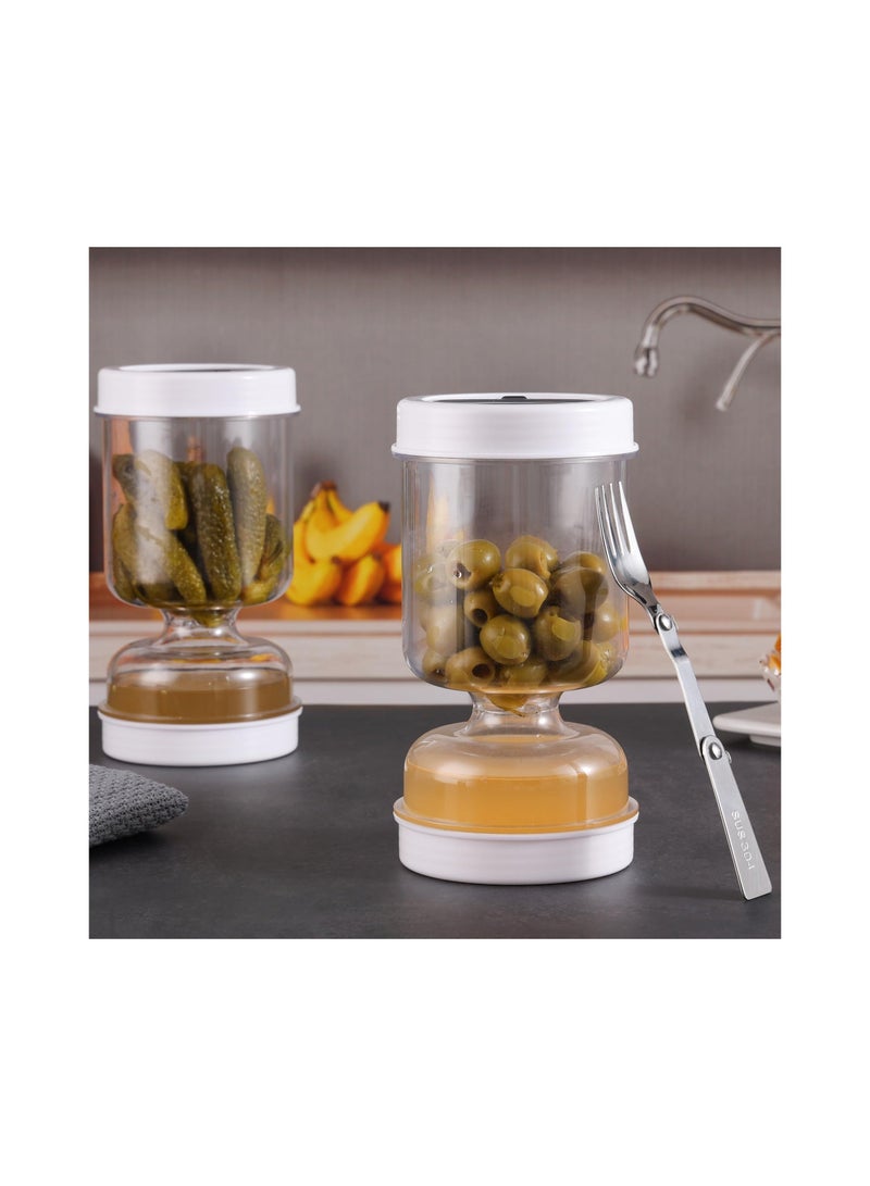 New Upgrade Pickle and Olive Hourglass Jar, with Strainer Flip Wet Dry Juice, Juice Separator, Container, Kimchi Jar for Airtight Food Storage(With a Fork)