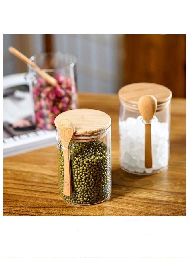 8-Piece Sealed Borosilicate Glass Bamboo Spice Jars with Bamboo Lid and Bamboo Spoon for Candy, Spices, Coffee Beans, Condiments