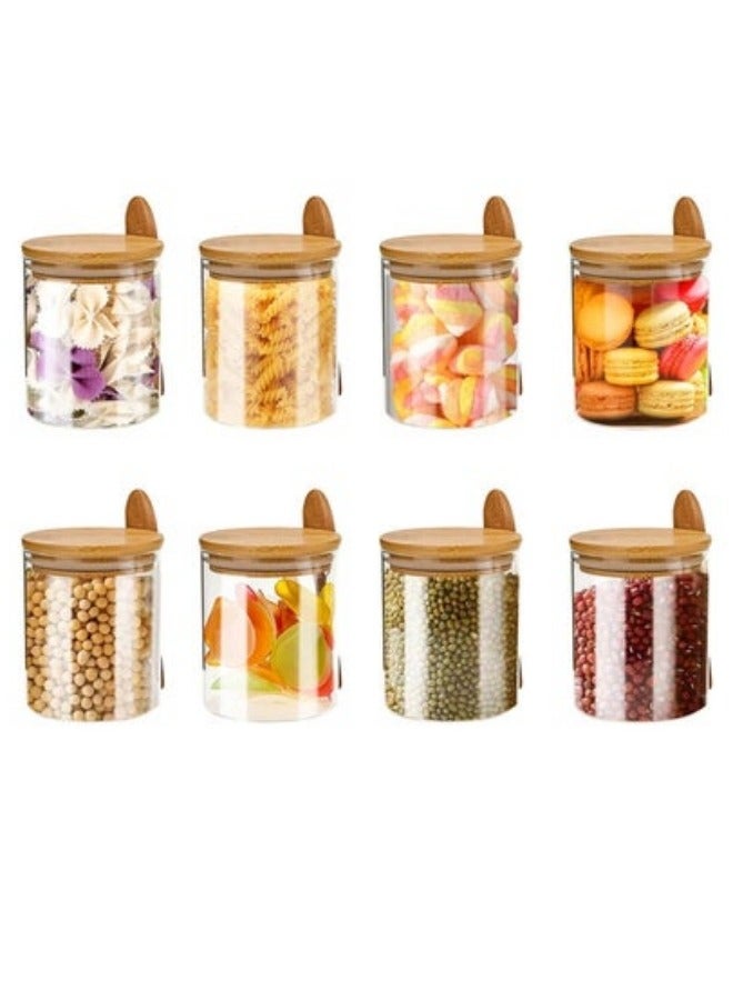 8-Piece Sealed Borosilicate Glass Bamboo Spice Jars with Bamboo Lid and Bamboo Spoon for Candy, Spices, Coffee Beans, Condiments