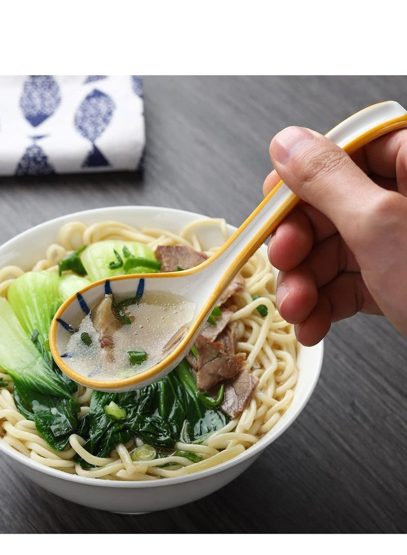Ceramic Soup Spoons Set of 4, Japanese Style Long Handle Asian Spoon Reusable Table for Ramen Pho Wonton Dumpling